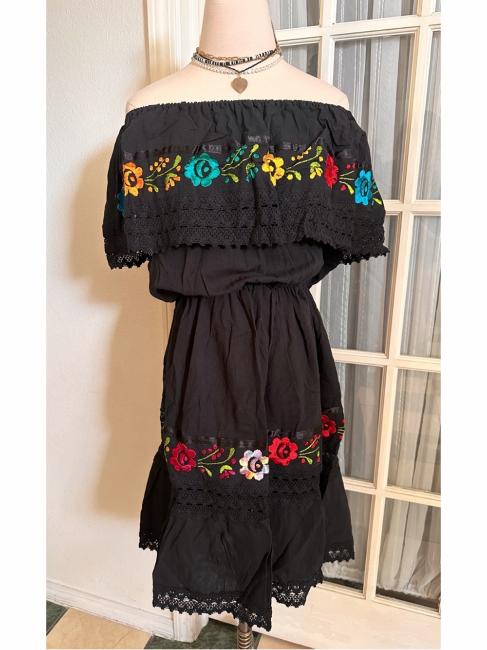 Mexican Boho Off The Shoulder Dress OS NEW - Picture 3 of 5